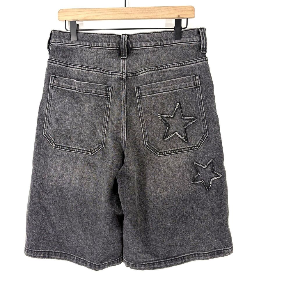 Hollister Super Baggy Shorts 31 Mens Black Denim Y2K Star Skater Graffiti Grunge